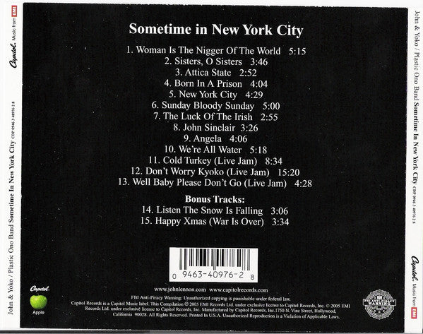 Image of Back Cover of 4935230E: CD - JOHN & YOKO / PLASTIC ONO BAND / ELEPHANTS MEMORY PLUS INVISIBLE STRINGS, Some Time In New York City (Parlophone; 094634097628, Australasia 2005 Reissue, Jewel Case)   VG+/VG+
