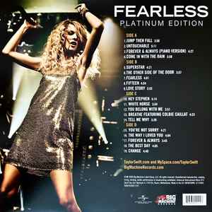 Image of Back Cover of 2xLP - VG+/VG - TAYLOR SWIFT, Fearless (Platinum Edition) (Big Machine Records ; 00843930021147, Europe 2016 Reissue, Gatefold, 180 Gram Vinyl), Strong VG - a few hairlines, NB LPs are in archival inners, not original paper inners,  - 2646009S