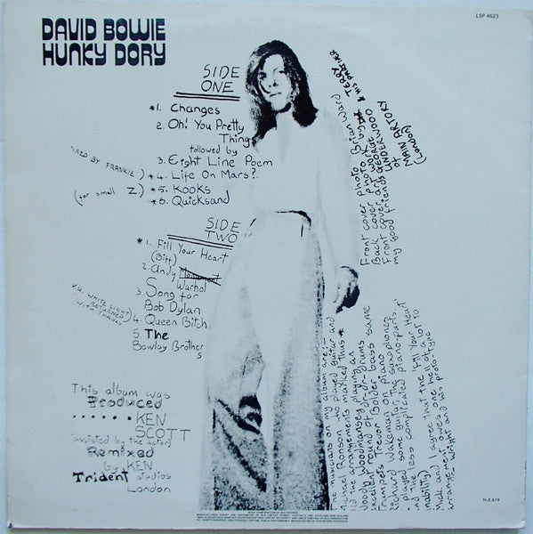 Image of Back Cover of LP - VG+/VG - DAVID BOWIE, Hunky Dory (RCA Victor; LSP 4623, New Zealand 1978, No Text on Front Sleeve, G Print Logo and N.Z. 878 On Bottom Right of rear Sleeve), ,  - 2226260E