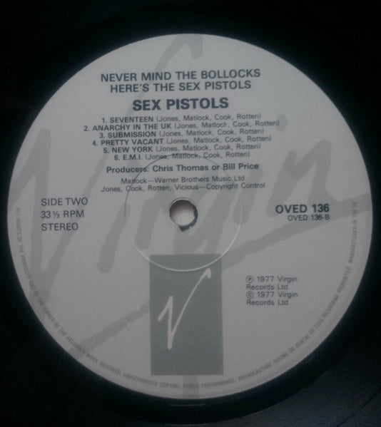 Image of Label Cover of 4614323C: LP - SEX PISTOLS, Never Mind The Bollocks Here's The Sex Pistols (Virgin Grey Labels; OVED 136, UK 1985 Reissue)   VG/G