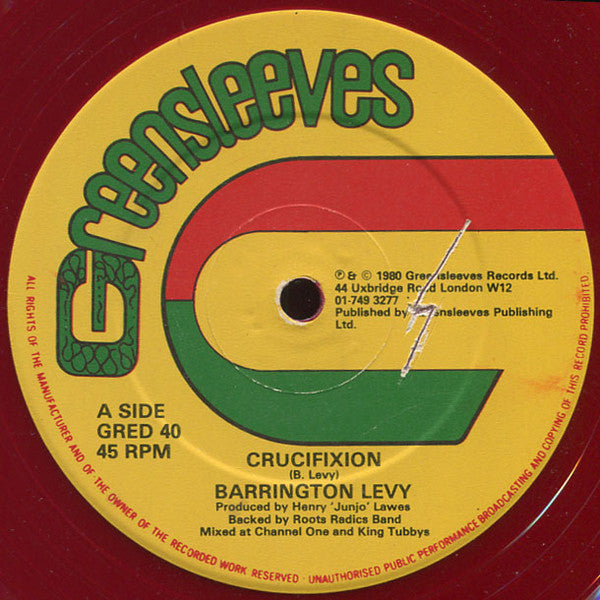 Image of Label Cover of 12" - G+/VG - BARRINGTON LEVY / BARRINGTON LEVY & GENERAL ECHO, Crucifixion / Eventide Fire A Disaster (Greensleeves Records; GRED 40, UK 1980, Company Sleeve, Red Vinyl), Light marks only. Heavy edge wear to sleeve.,  - 4016175C