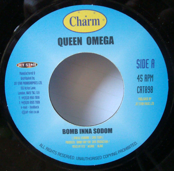 Image of Front Cover of 4852116S: 7" - QUEEN OMEGA, Bomb Inna Sodom / Version (Charm; CRT898, UK 2002, Plain Sleeve)   /VG+