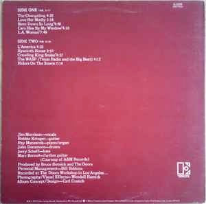 Image of Back Cover of 4744009S: LP - THE DOORS, L.A. Woman (Elektra Butterfly, With W Logo on Rim; K 42090, UK 1970s Reissue, Embossed Sleeve,   &   1971 On Rear Of Sleeve.) Perfect LP and cover, still in opened shrinkwrap, in "Patent no's" paper inner  VG+/VG+