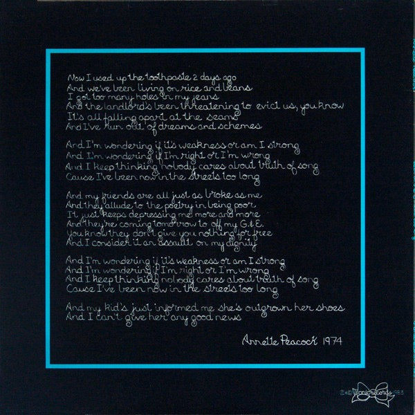 Image of Back Cover of LP - VG+/VG - ANNETTE PEACOCK, Been In the Streets Too Long (Ironic; No3, UK 1983, Insert), A few light hairlines and a very slight warp to disc. ,  - 1926302E
