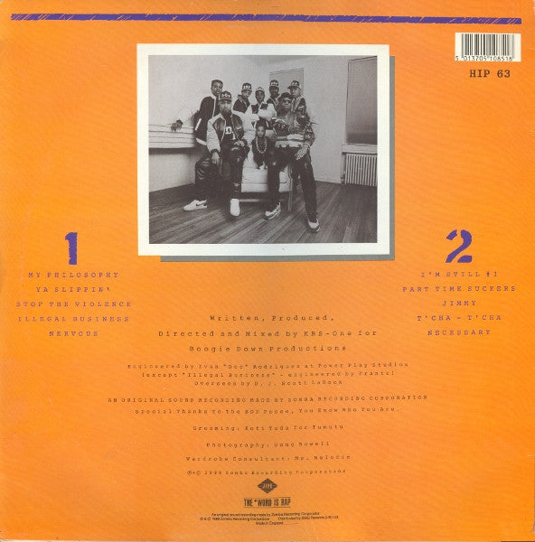 Image of Back Cover of LP - G/G - BOOGIE DOWN PRODUCTIONS, By All Means Necessary (Jive; HIP 63, UK 1988, Inner), Inner is torn. Vinyl very marked. Sleeve has edgewear, creasing, name written on it. ,  - 3726415E