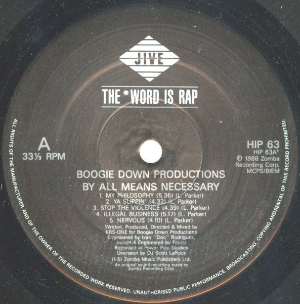 Image of Label Cover of LP - G/G - BOOGIE DOWN PRODUCTIONS, By All Means Necessary (Jive; HIP 63, UK 1988, Inner), Inner is torn. Vinyl very marked. Sleeve has edgewear, creasing, name written on it. ,  - 3726415E
