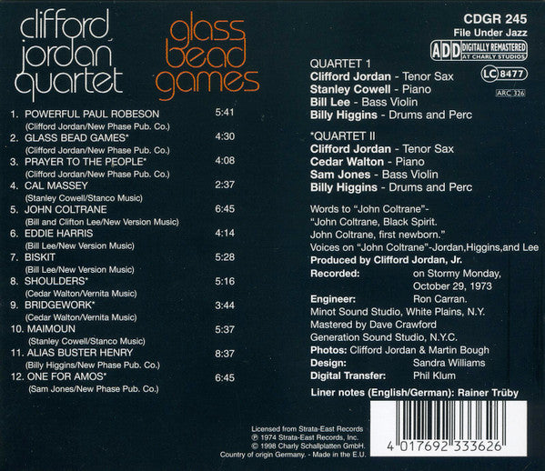 Image of Back Cover of CD - VG+/VG+ - CLIFFORD JORDAN QUARTET, Glass Bead Games (Charly Records; CDGR 245, Europe 1998, Jewel Case), ,  - 2336081E