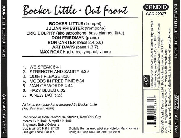 Image of Back Cover of 4912028C: CD - BOOKER LITTLE, Out Front (Candid; CCD 79027, US 2000 Reissue)   EX/EX