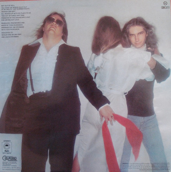 Image of Back Cover of LP - VG/VG+ - MEAT LOAF, Bat Out Of Hell (Epic Blue And Yellow; EPC 82419, UK 1977 Reissue, Insert, Cleveland Logo Bottom Left Rear Of Sleeve), ,  - 2526118E