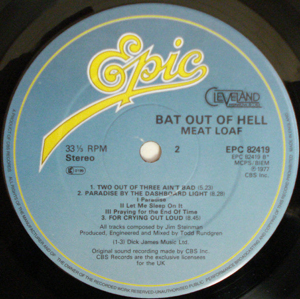 Image of Label Cover of LP - VG/VG+ - MEAT LOAF, Bat Out Of Hell (Epic Blue And Yellow; EPC 82419, UK 1977 Reissue, Insert, Cleveland Logo Bottom Left Rear Of Sleeve), ,  - 2526118E