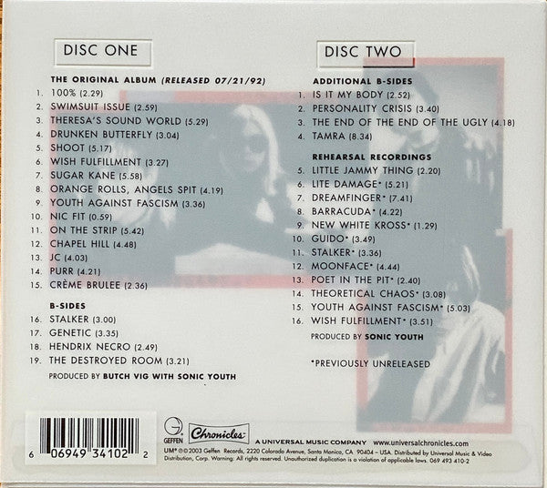 Image of Back Cover of 2xCD - VG+/VG+ - SONIC YOUTH, Dirty (Geffen Records; 069 493 410-2, US 2003 Reissue, Slipcase, Four Panel Foldout Sleeve, Booklet, Remastered), Discoloured Slipcase,  - 3316007C