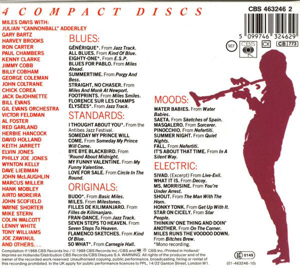 Image of Back Cover of 4xCD - VG/VG+ - MILES DAVIS, The CBS Years 1955 - 1985 (CBS; CBS 463246 2, Europe 1988, Box Set, Booklet), Bottom of box heavily discoloured,  - 2716256C