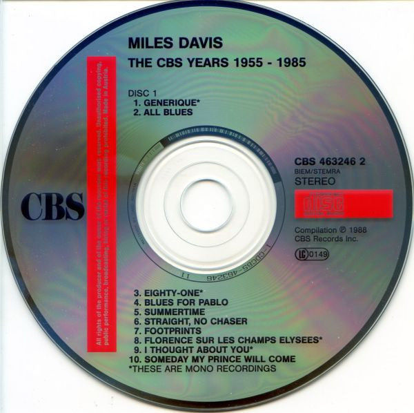 Image of Label Cover of 4xCD - VG/VG+ - MILES DAVIS, The CBS Years 1955 - 1985 (CBS; CBS 463246 2, Europe 1988, Box Set, Booklet), Bottom of box heavily discoloured,  - 2716256C