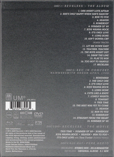 Image of Back Cover of 4xCD - VG+/VG - BRYAN ADAMS, Reckless (A&M Records; 0602537830565, Europe 2014 Reissue, Box Set), Disc two has minor scuffs.,  - 4156102S