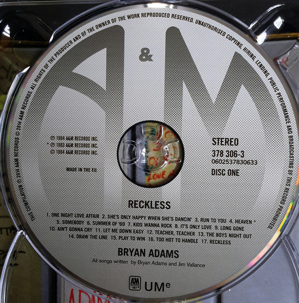 Image of Label Cover of 4xCD - VG+/VG - BRYAN ADAMS, Reckless (A&M Records; 0602537830565, Europe 2014 Reissue, Box Set), Disc two has minor scuffs.,  - 4156102S