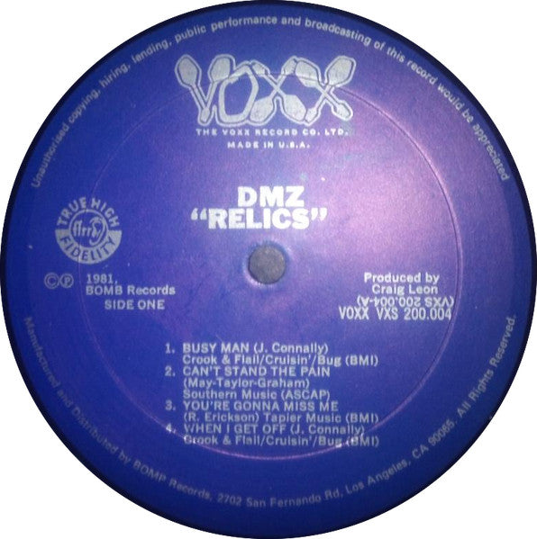 Image of Label Cover of 5124130E: LP - DMZ, Relics (VOXX Records Blue Label; VXS 200.004, US 1981) Strong VG+, Still In Shrinkwrap  VG+/VG+