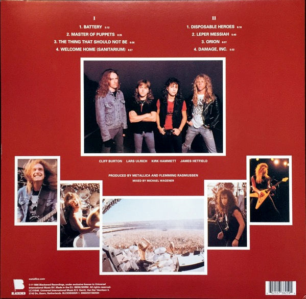 Image of Back Cover of LP - VG/EX - METALLICA, Master Of Puppets (Blackened; BLCKND005R-1, Europe 2017 Reissue, Insert, 180 Gram Vinyl), Top left corner crease, still in hype stickered shrinkwrap.,  - 3716232C