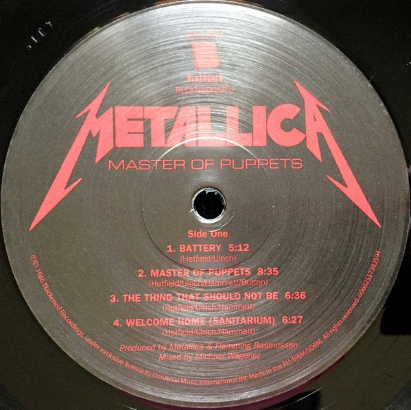 Image of Label Cover of LP - VG/EX - METALLICA, Master Of Puppets (Blackened; BLCKND005R-1, Europe 2017 Reissue, Insert, 180 Gram Vinyl), Top left corner crease, still in hype stickered shrinkwrap.,  - 3716232C