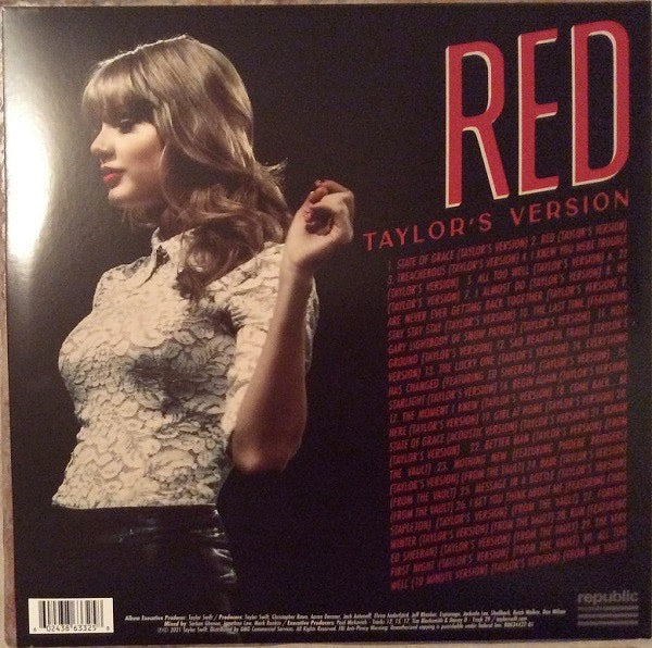 Image of Back Cover of 4xLP - VG+/VG+ - TAYLOR SWIFT, Red (Taylor's Version) (Republic Records; B0034422-01, USA, Canada & Europe 2021, Gatefold, 4 Inners, MPO Pressing), Small number of light hairlines across records, mainly on discs 1 and 3. ,  - 2326326E