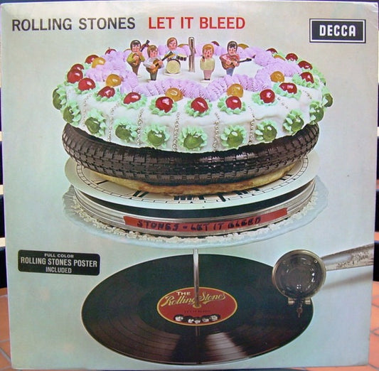 Image of Front Cover of 4044012S: LP - THE ROLLING STONES, Let It Bleed (Decca Red Unboxed BIEM/NBC/GEMA; LK 5025, UK 1969, Stickered Front Laminated Sleeve, Red Mono Inner, Poster, Mono) Hairlines and a few light scratches, none deep, close to VG, some spindle marks mostly on side 1, Red mono inner has some top edge damage and tape on bottom and one side plus name in pen, poster has been hung and has torn corners and tape damage, cover has poster sticker and very minimal wear, some light laminate creasing 