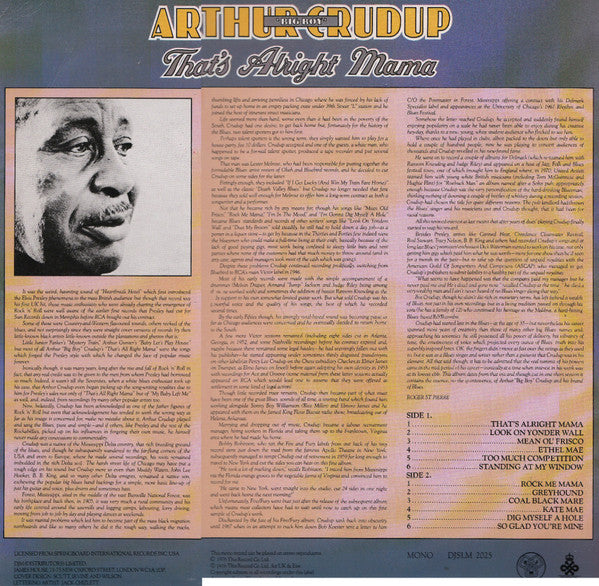 Image of Back Cover of LP - VG+/VG+ - ARTHUR "BIG BOY" CRUDUP, That's Alright Mama (DJM Records; DJSLM 2025, UK 1976, Mono), ,  - 3026142E