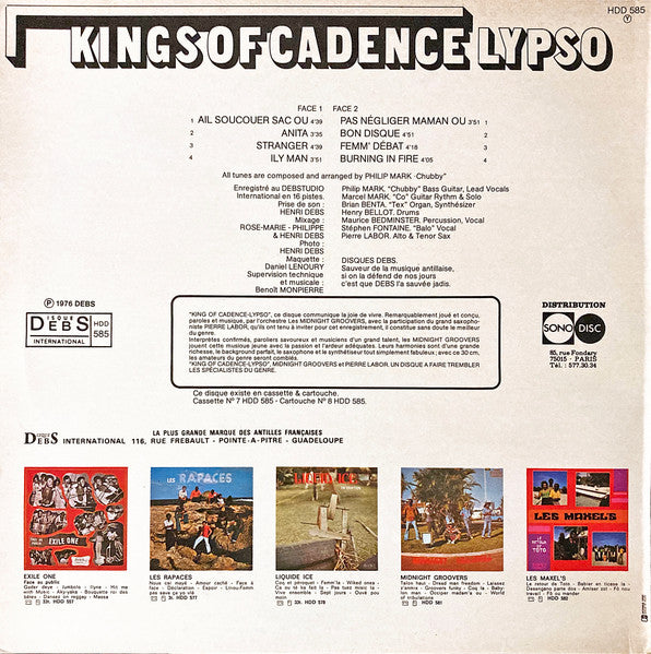 Image of Back Cover of LP - VG/VG - MIDNIGHT GROOVERS GUEST STAR PIERRE LABOR, Kings Of Cadence Lypso (Disques Debs; HDD 585, Guadeloupe 1976, Laminated Sleeve), Quite a few superficial lines, a couple of light ticks here and there. Clean labels. Corner wear on sleeve.,  - 3216344C