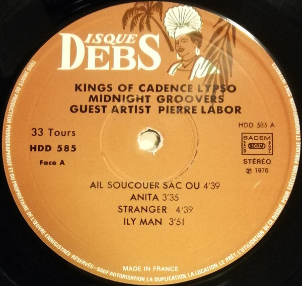 Image of Label Cover of LP - VG/VG - MIDNIGHT GROOVERS GUEST STAR PIERRE LABOR, Kings Of Cadence Lypso (Disques Debs; HDD 585, Guadeloupe 1976, Laminated Sleeve), Quite a few superficial lines, a couple of light ticks here and there. Clean labels. Corner wear on sleeve.,  - 3216344C