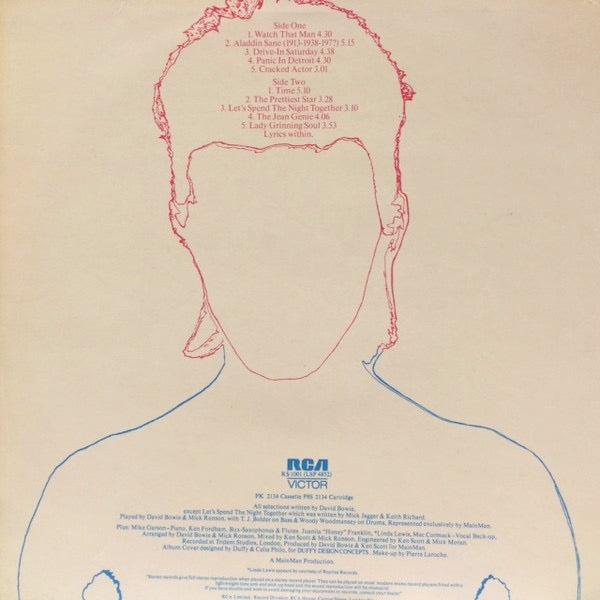 Image of Back Cover of LP - VG/VG - DAVID BOWIE, Aladdin Sane (RCA Victor NO "STEREO" ; RS 1001, UK 1970s Reissue, Single Sleeve, Insert, Published by Mainman/Chrysalis Side One), Light hairlines. Sleeve has ringwear and staining. ,  - 2426006E