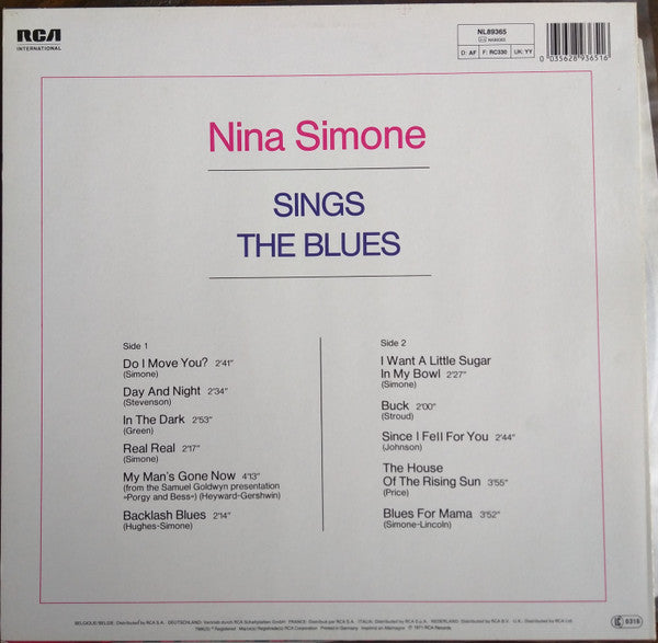 Image of Back Cover of 3324440E: LP - NINA SIMONE, Nina Simone Sings The Blues (RCA; NL89365, Europe 1980s Reissue, Picture Sleeve, RCA Logo front cover) Light creasing around edges, some sticker damage. Several light hairline marks to record.  VG/VG