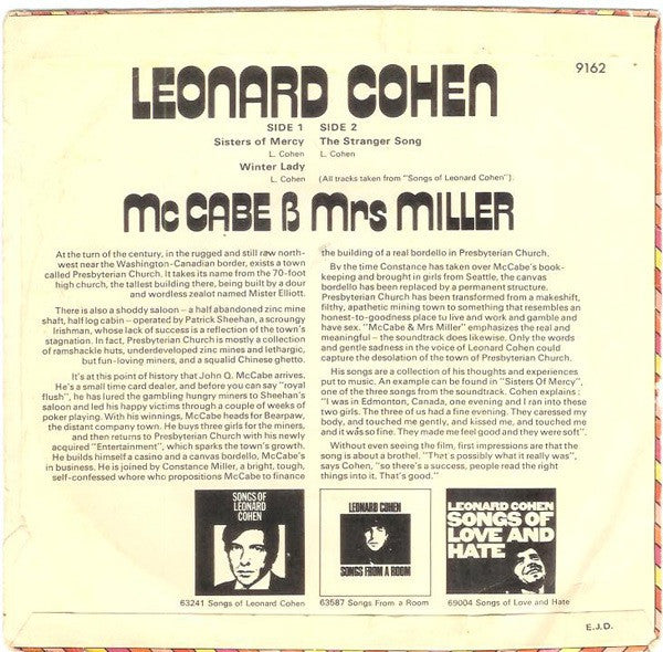 Image of Back Cover of 7" - VG/VG - LEONARD COHEN, McCabe & Mrs Miller (CBS; CBS 9162, UK 1971, Picture Sleeve), Strong VG throughout, Clean copy, Very light wispy marks, Good gloss, Sleeve has minor creasing. , A1	Sisters Of Mercy	A2	Winter Lady	B	The Stranger Song - 3516099C