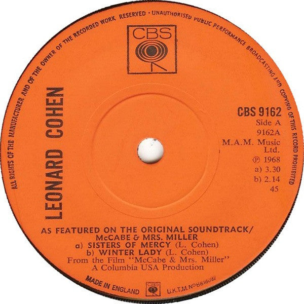 Image of Label Cover of 7" - VG/VG - LEONARD COHEN, McCabe & Mrs Miller (CBS; CBS 9162, UK 1971, Picture Sleeve), Strong VG throughout, Clean copy, Very light wispy marks, Good gloss, Sleeve has minor creasing. , A1	Sisters Of Mercy	A2	Winter Lady	B	The Stranger Song - 3516099C