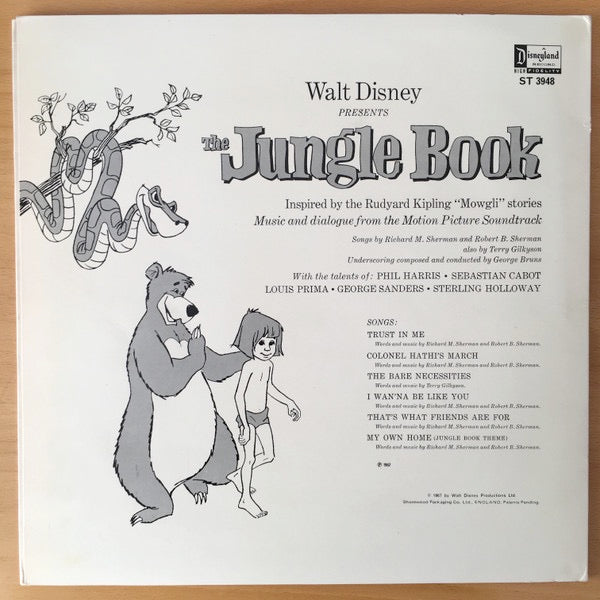 Image of Back Cover of LP - VG/G+ - PHIL HARRIS, SEBASTIAN CABOT, LOUIS PRIMA, GEORGE SANDERS, STERLING HOLLOWAY, Walt Disney Presents The Story And Songs Of The Jungle Book (Disneyland; ST 3948, UK 1967, Gatefold, Booklet), Booklet taped,  - 4426089E