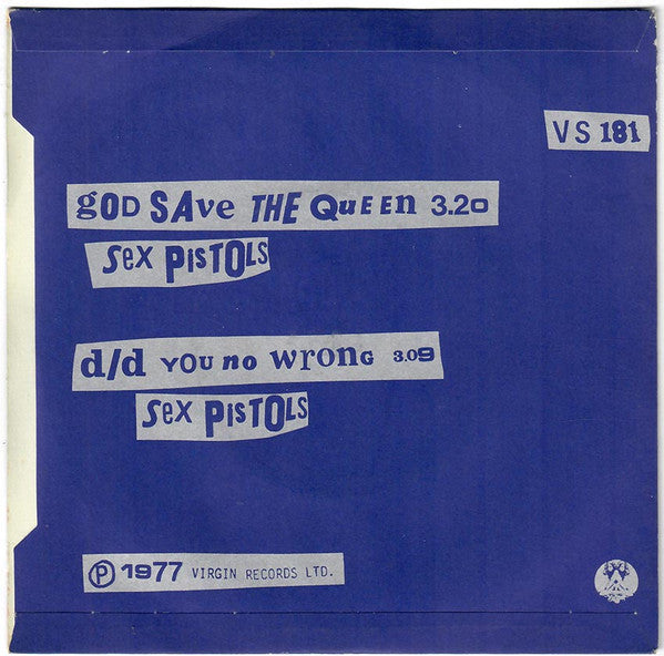 Image of Back Cover of 7" - G+/VG - SEX PISTOLS, God Save The Queen (Virgin Silver/Silver Label Text With Anti-Slip Ring; VS 181, UK 1977, Flipback Sleeve), Damage To Sleeve Opening, Sleeve Creased,  - 2526288E