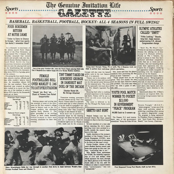 Image of Back Cover of 4925354E: LP - FOUR SEASONS, Genuine Imitation Life Gazette (Philips; PHS60020, US 1969, Double Gatefold Sleeve, With Booklet) Mottling on disc from storage. Shrinkwrap opened instore. Light staining and wear to sleeve, drill hole to corner, corner bumps.  VG/VG+