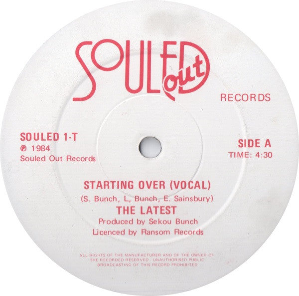 Image of Front Cover of 12" - /VG+ - THE LATEST, Starting Over / Instrumental (Souled Out Records; SOULED 1-T, UK 1984, Plain Sleeve), ,  - 3626361E