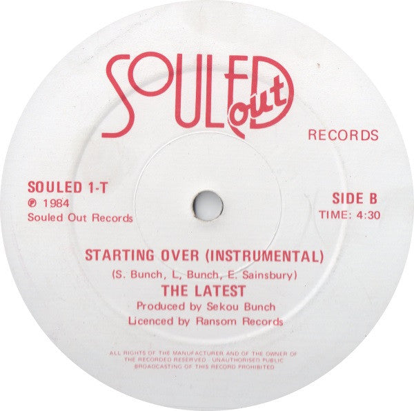 Image of Label Cover of 12" - /VG+ - THE LATEST, Starting Over / Instrumental (Souled Out Records; SOULED 1-T, UK 1984, Plain Sleeve), ,  - 3626361E