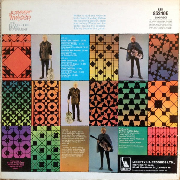 Image of Back Cover of LP - VG/F - JOHNNY WINTER, The Progressive Blues Experiment (Liberty Light and Dark Blue; LBS 83240, UK 1969), Light marks, Hairlines and surface scuffs, Sleeve has a few spots of laminate creasing ,  - 4116087C