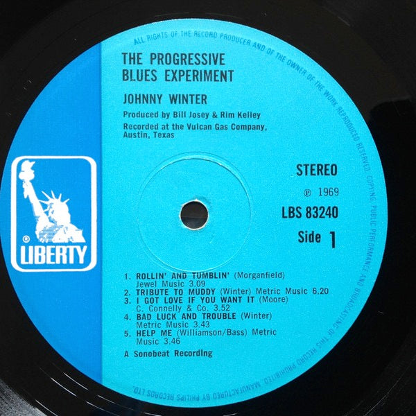 Image of Label Cover of LP - VG/F - JOHNNY WINTER, The Progressive Blues Experiment (Liberty Light and Dark Blue; LBS 83240, UK 1969), Light marks, Hairlines and surface scuffs, Sleeve has a few spots of laminate creasing ,  - 4116087C