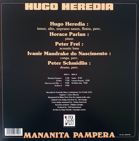 Image of Back Cover of 0233023E: LP - HUGO HEREDIA, Mananita Pampera (Jazz Room Records; JAZZR 002, UK 2019 Reissue, Picture Sleeve)   NEW/NEW