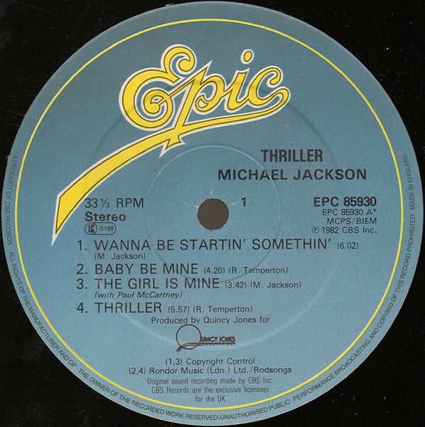 Image of Back Cover of LP - VG/VG - MICHAEL JACKSON, Thriller (Epic; EPC 85930, UK 1982, Gatefold, Inner, Interepak misprint.  Missing Co-Produced By Michael Jackson on back. Info around bottom of label.), ,  - 3626185E