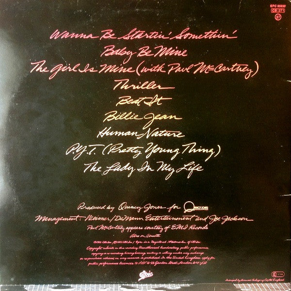 Image of Label Cover of LP - VG/VG - MICHAEL JACKSON, Thriller (Epic; EPC 85930, UK 1982, Gatefold, Inner, Interepak misprint.  Missing Co-Produced By Michael Jackson on back. Info around bottom of label.), ,  - 3626185E