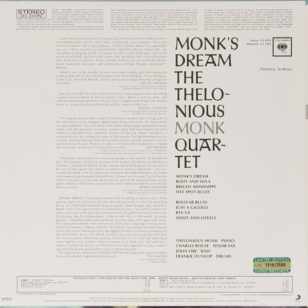 Image of Back Cover of LP - VG+/VG - THE THELONIOUS MONK QUARTET, Monk's Dream (Impex Records; IMP6014, US 2012 Reissue), Light marks on B1, Sleeve close to NM.,  - 1846164S