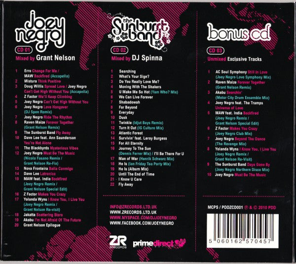 Image of Back Cover of 3xCD - VG+/M - JOEY NEGRO / THE SUNBURST BAND, 20 Years Of Joey Negro / 10 Years Of The Sunburst Band (Z Records; PDDZCD001, UK 2010, Gatefold), slight storage wear to corners of case,  - 2156180S