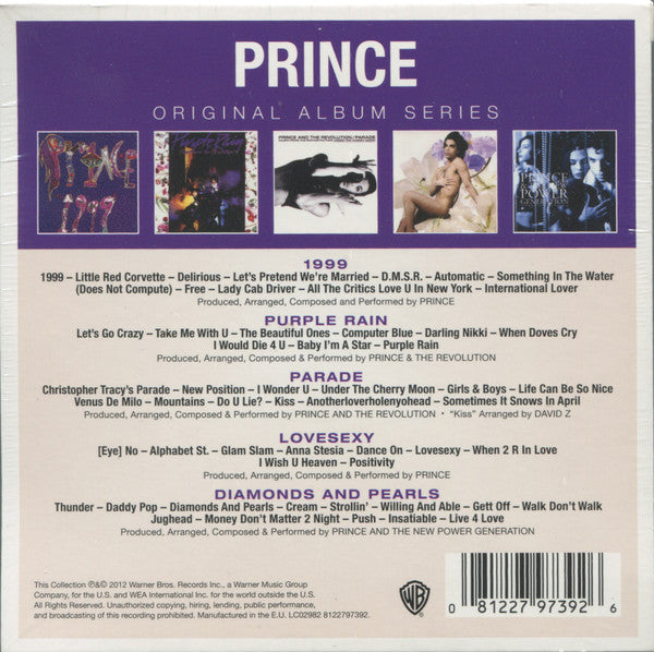 Image of Back Cover of 0255112S: 5xCD - PRINCE, Original Album Series (Warner Bros. Records; 8122797392, Europe 2012, Box Set) Still In Shrinkwrap  EX/M