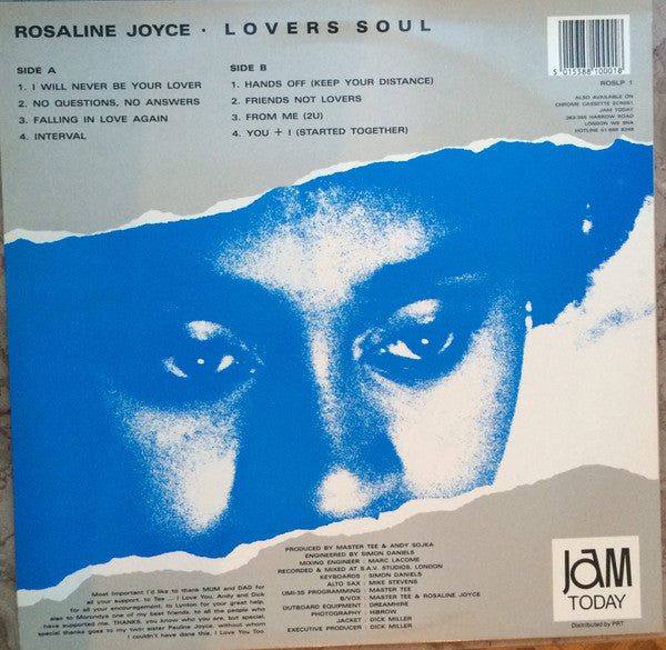 Image of Back Cover of LP - VG/VG+ - ROSALINE JOYCE, Lovers Soul (Jam Today; ROSLP 1, UK 1987), Stickers On Back Sleeve,  - 2446157S