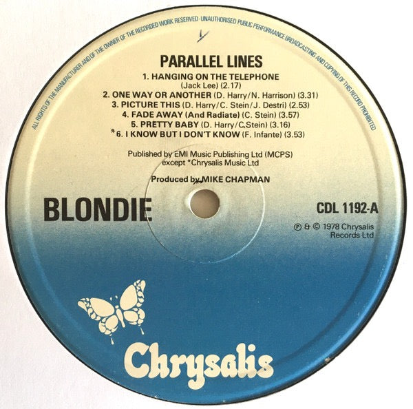 Image of Label Cover of LP - VG/VG - BLONDIE, Parallel Lines (Chrysalis Blue/White, Blue Rimtext; CDL 1192, UK 1978, Inner, Chrysalis Music Ltd Credit On Labels.), ,  - 3146174S