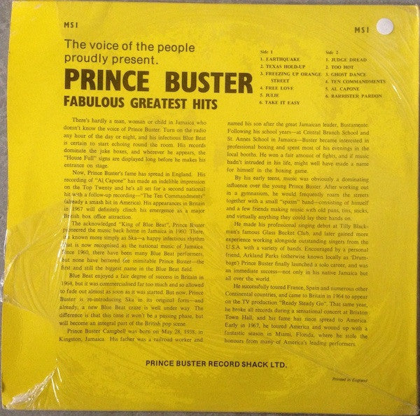 Image of Back Cover of LP - VG/VG - PRINCE BUSTER, Fabulous Greatest Hits (FAB; MS 1, UK 1970s Reissue, Non-Laminated Sleeve), Strong VG - just one light scratch on B1, top edge seam split,  - 2446172S