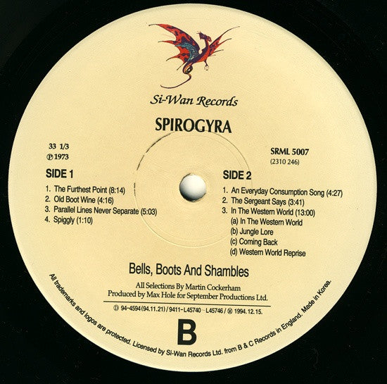 Image of Label Cover of 2114535C: LP - SPIROGYRA, Bells, Boots And Shambles (Si-Wan Records ; SRML 5007, South Korea 1994 Reissue, Gatefold, Insert) Tiny mark you can feel on A1, does not effect play.  VG+/VG+