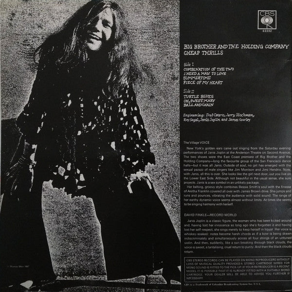 Image of Back Cover of LP - VG/VG - BIG BROTHER AND THE HOLDING COMPANY, Cheap Thrills (CBS Orange; 63392, UK 1973 Reissue, Stereo, 33 1/3 On Label), Hairlines, edge wear,  - 3946163S