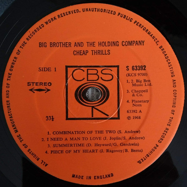 Image of Label Cover of LP - VG/VG - BIG BROTHER AND THE HOLDING COMPANY, Cheap Thrills (CBS Orange; 63392, UK 1973 Reissue, Stereo, 33 1/3 On Label), Hairlines, edge wear,  - 3946163S
